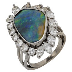 Vintage black opal diamond 14k white gold cluster cocktail ring