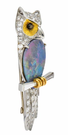 Vintage Black Opal Diamond Platinum 18 Karat Gold Owl Brooch