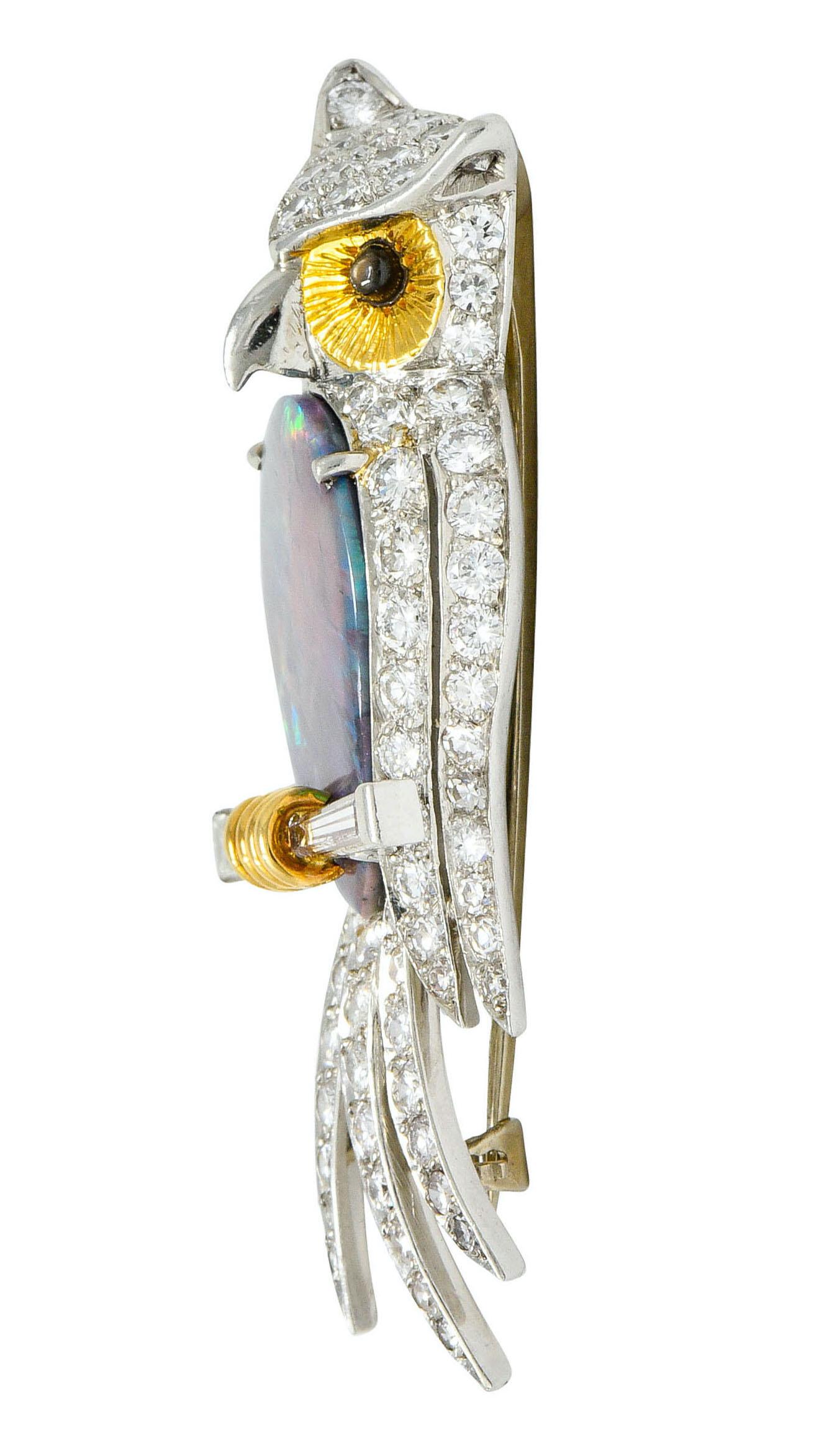 Vintage Black Opal Diamond Platinum 18 Karat Gold Owl Brooch In Excellent Condition In Philadelphia, PA