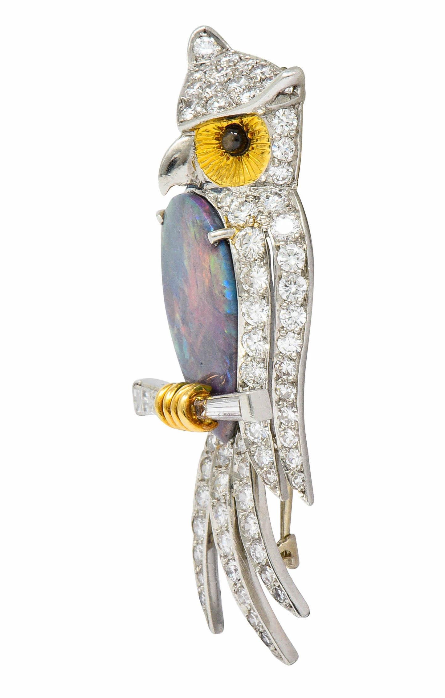 Women's or Men's Vintage Black Opal Diamond Platinum 18 Karat Gold Owl Brooch