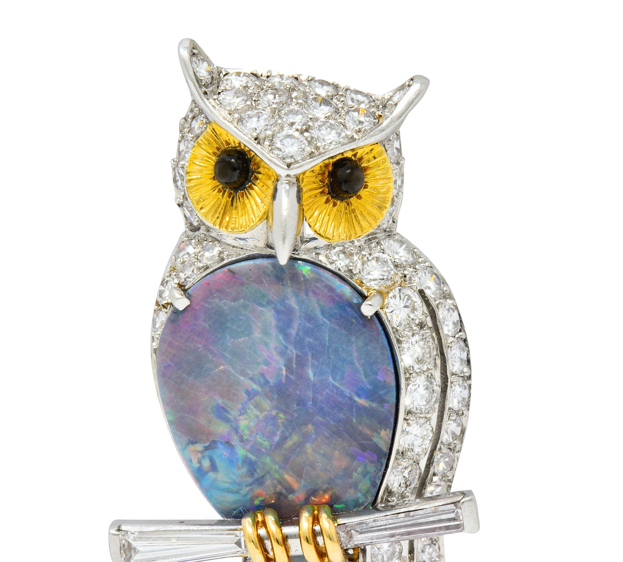 Vintage Black Opal Diamond Platinum 18 Karat Gold Owl Brooch 1