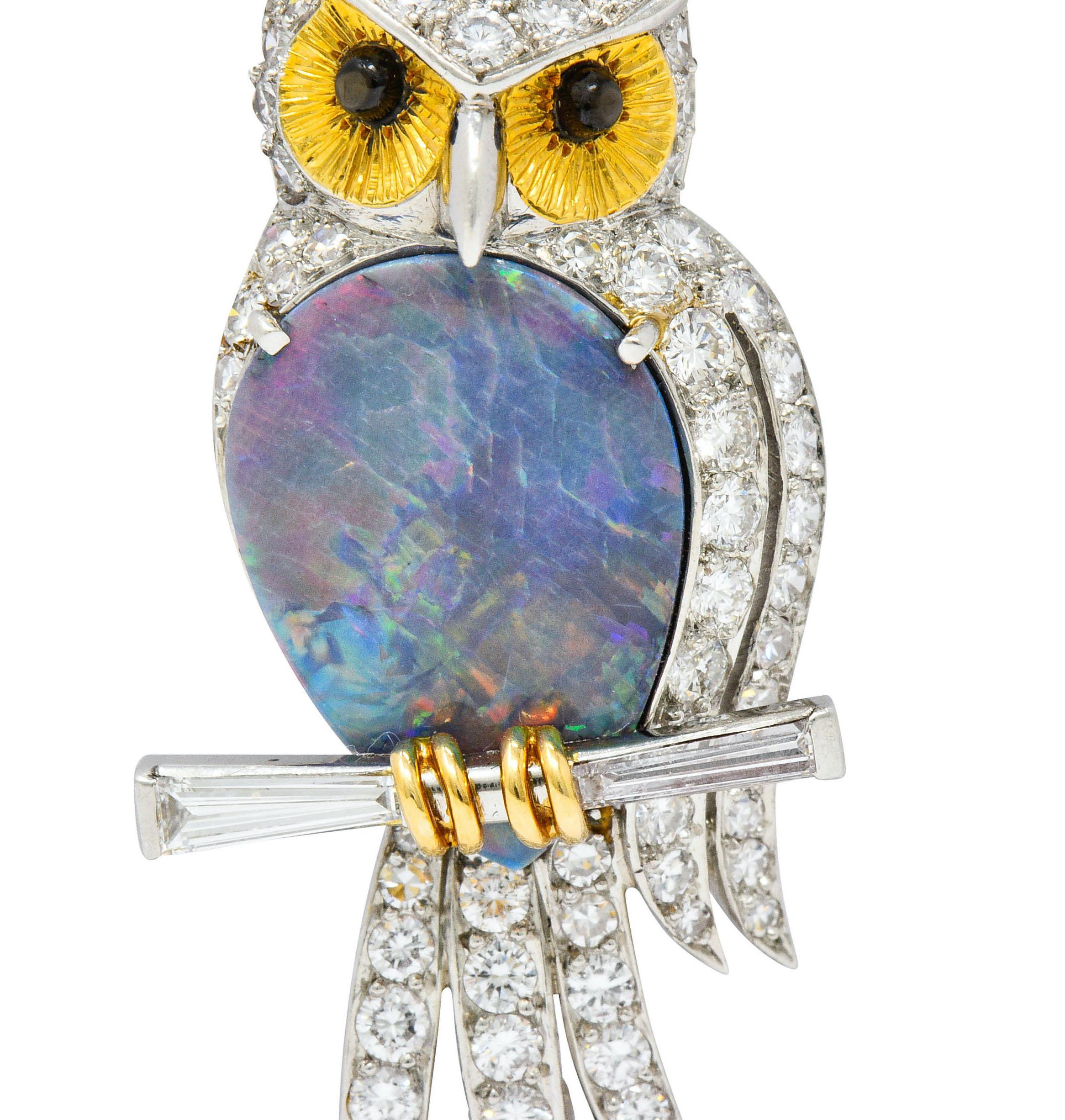 Vintage Black Opal Diamond Platinum 18 Karat Gold Owl Brooch 2