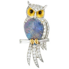 Vintage Black Opal Diamond Platinum 18 Karat Gold Owl Brooch