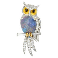 Eule-Brosche, Vintage, schwarzer Opal, Diamant, Platin, 18 Karat Gold