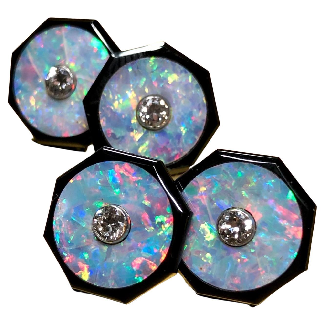 Vintage Art Deco 18K Black Opal & Onyx Old European Cut Diamond Cufflinks