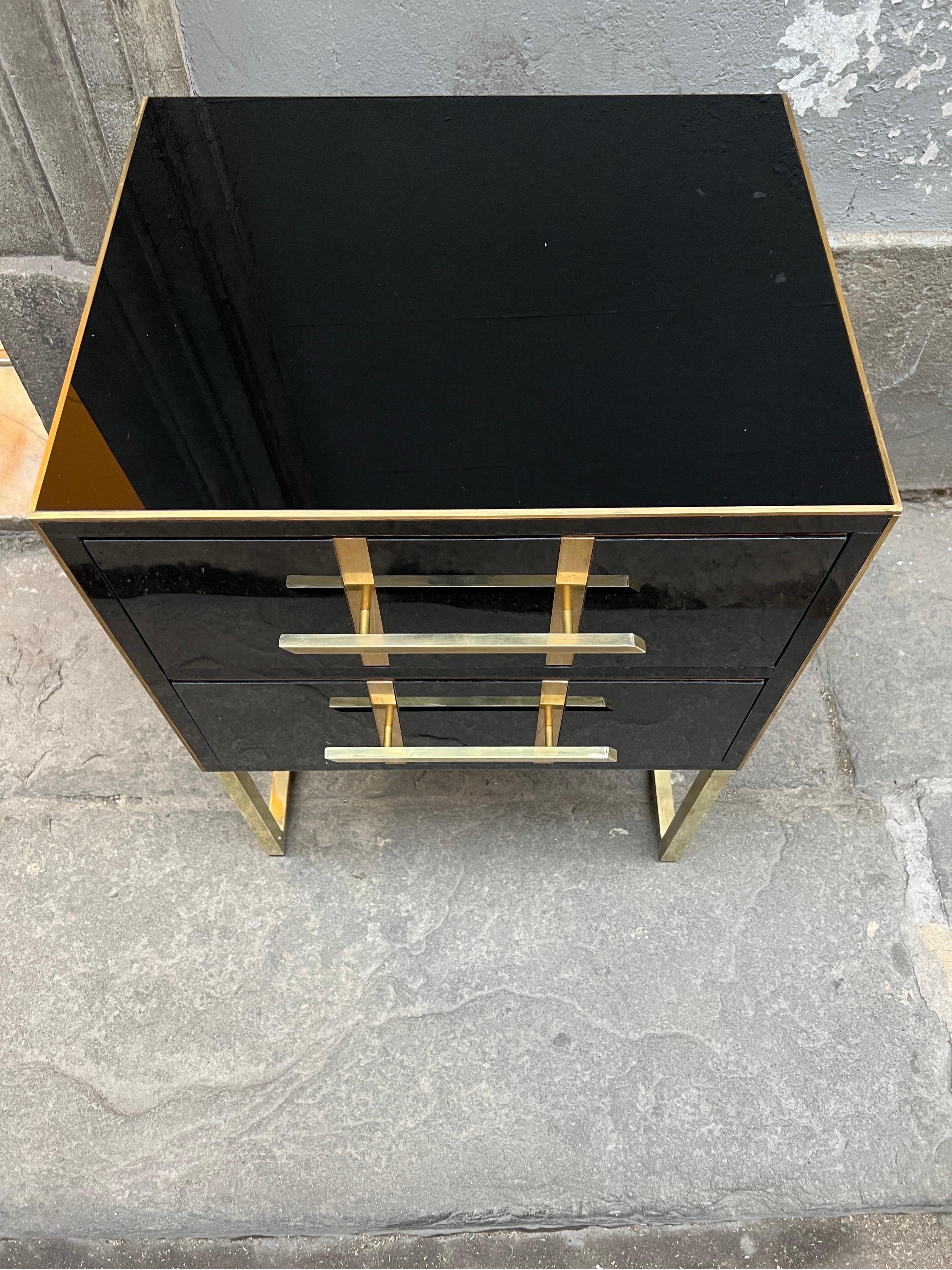 Vintage Black Opaline Glass Nightstands, Brass Handles and Inlays, 1980 For Sale 4