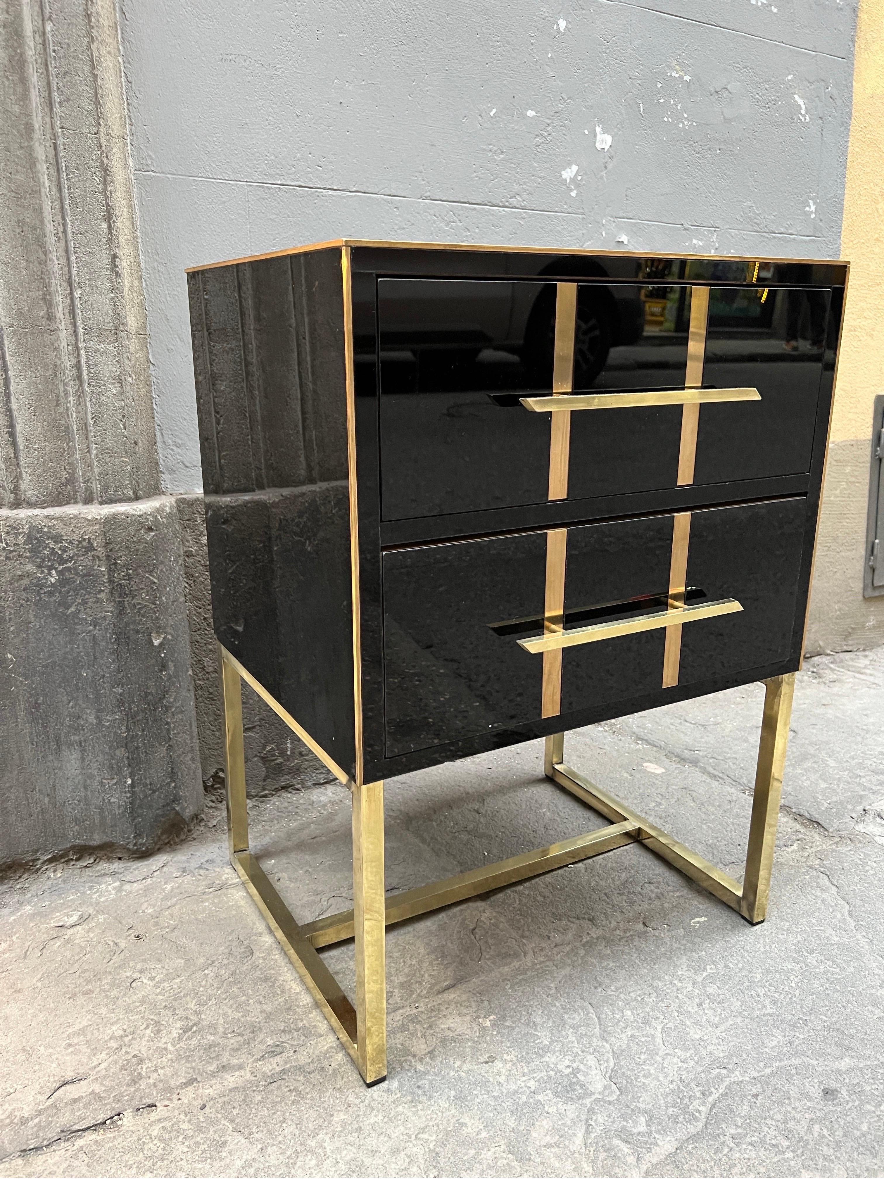 Vintage Black Opaline Glass Nightstands, Brass Handles and Inlays, 1980 For Sale 5