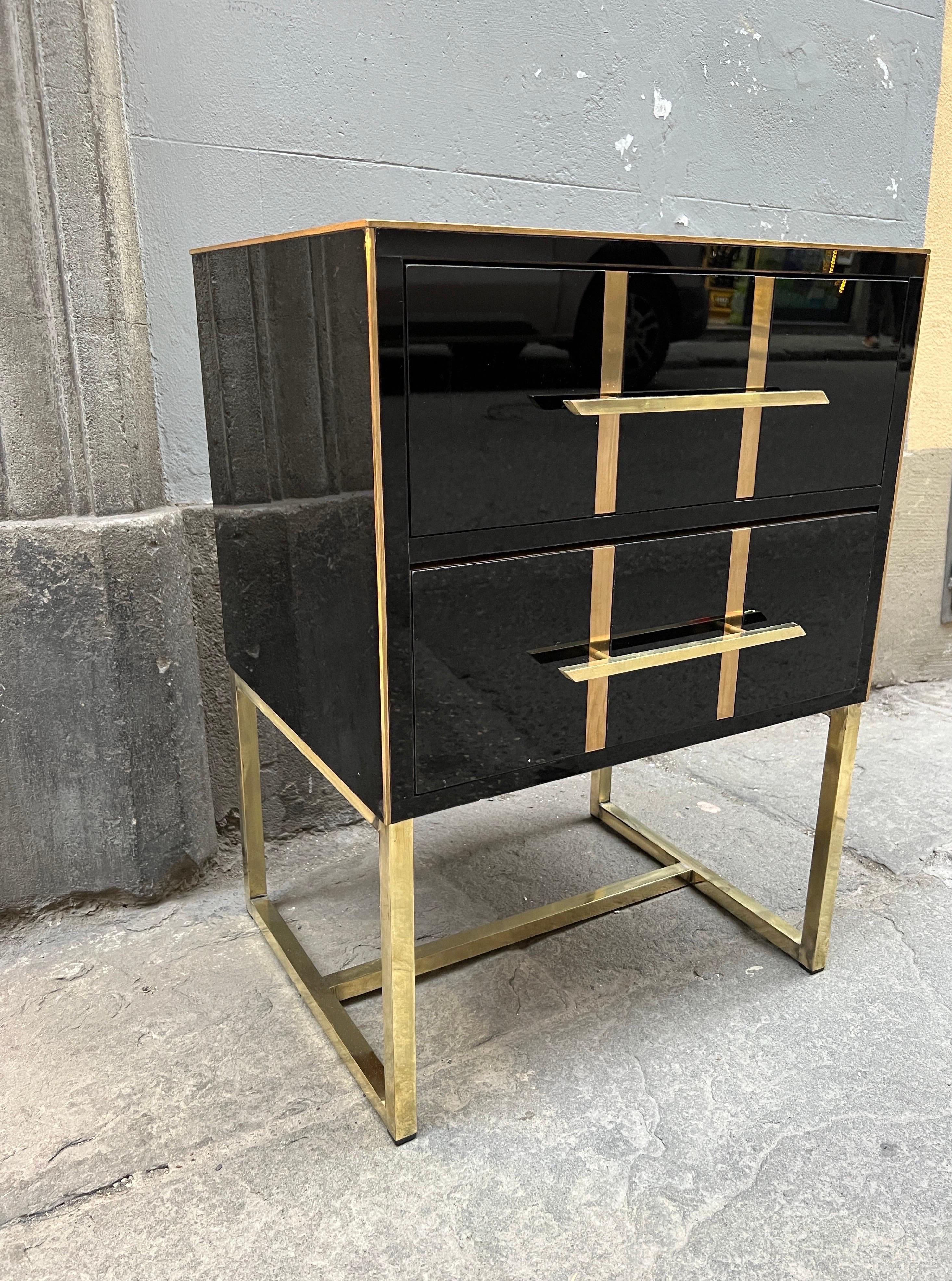 Vintage Black Opaline Glass Nightstands, Brass Handles and Inlays, 1980 For Sale 6