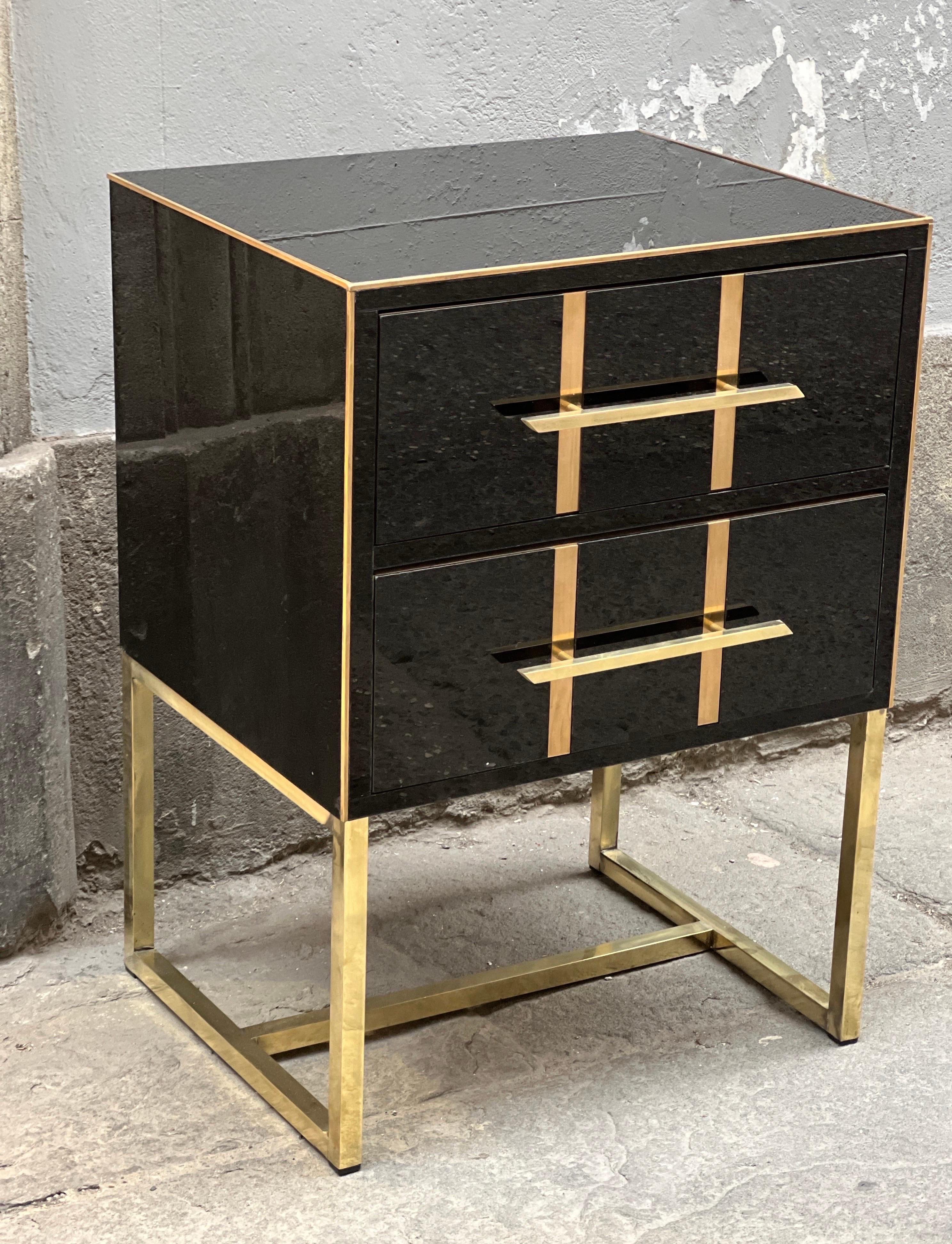 Vintage Black Opaline Glass Nightstands, Brass Handles and Inlays, 1980 For Sale 7