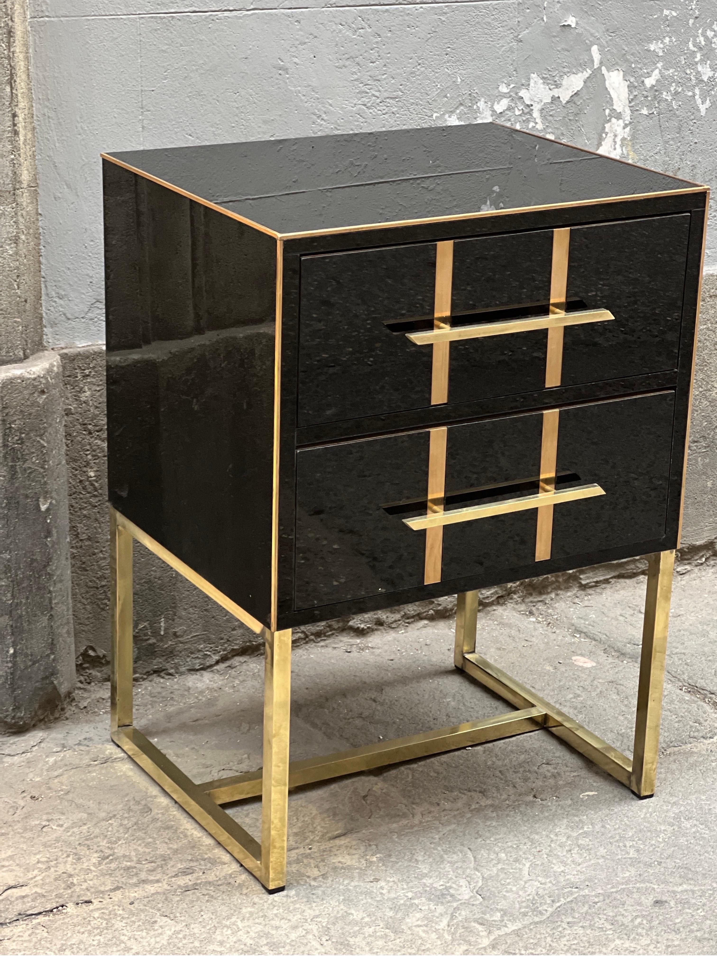 Vintage Black Opaline Glass Nightstands, Brass Handles and Inlays, 1980 For Sale 8