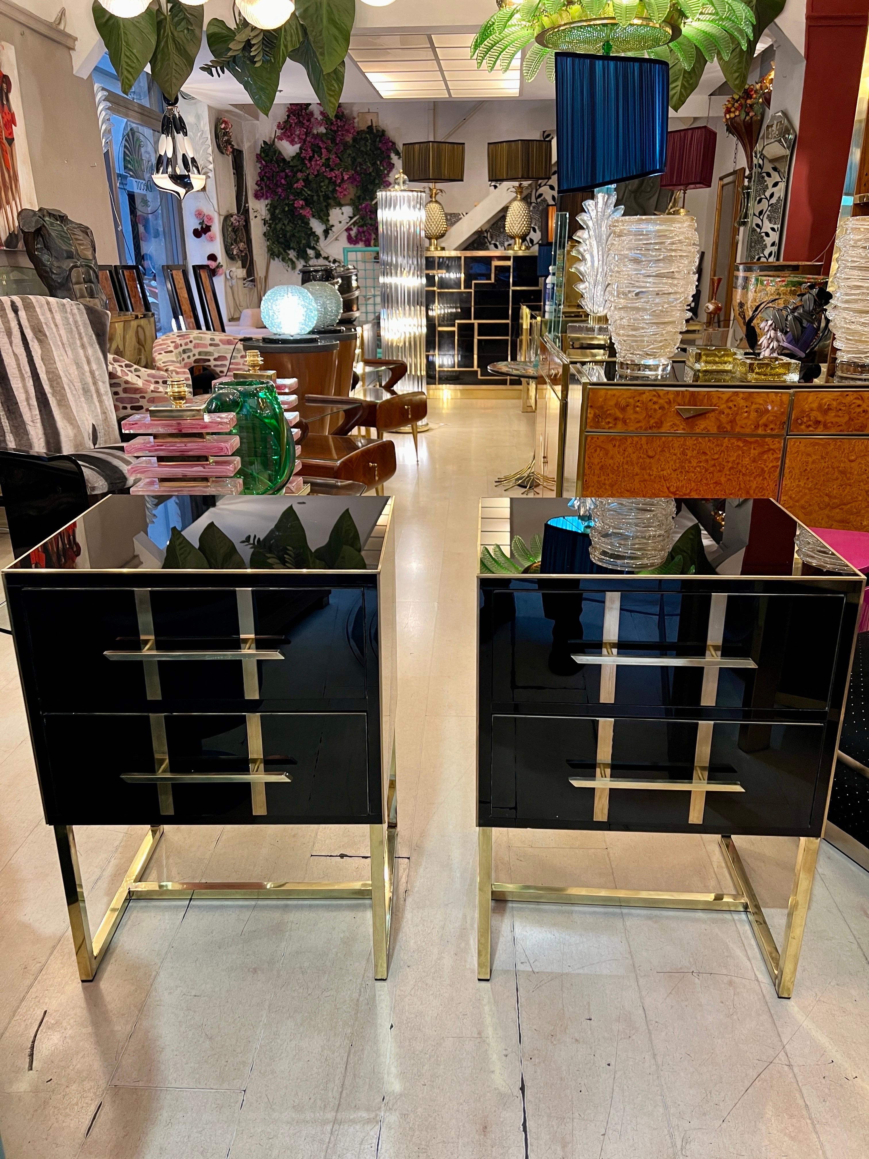 Vintage Black Opaline Glass Nightstands with two drawers, brass handles, inlays and legs.