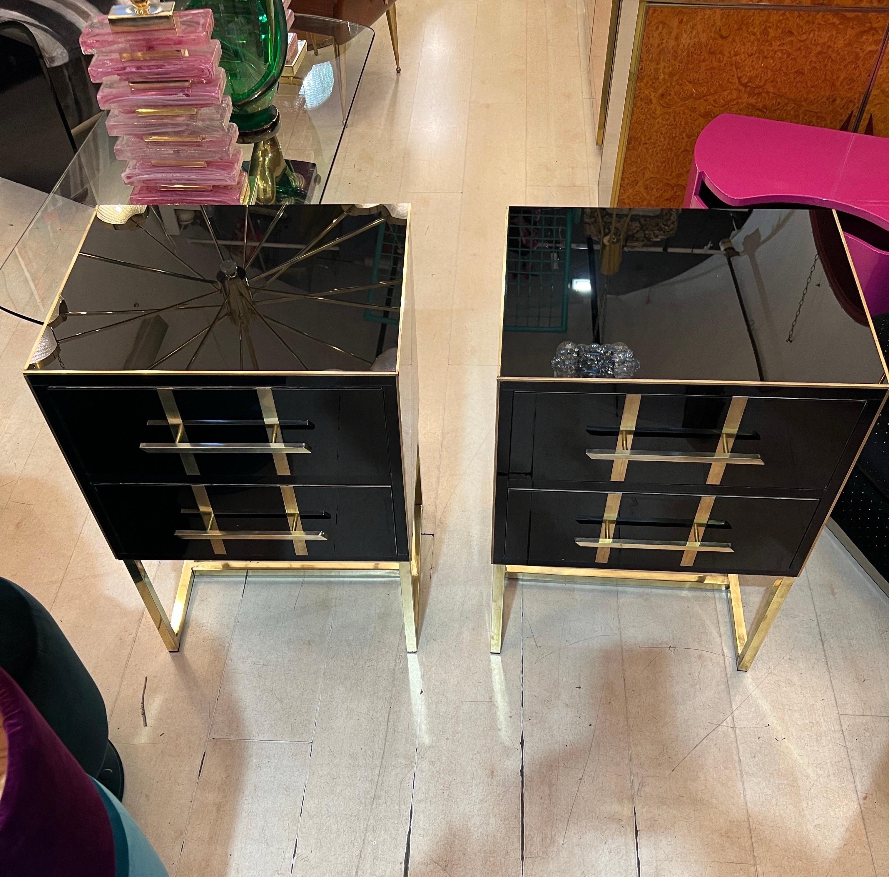 Modern Vintage Black Opaline Glass Nightstands, Brass Handles and Inlays, 1980 For Sale