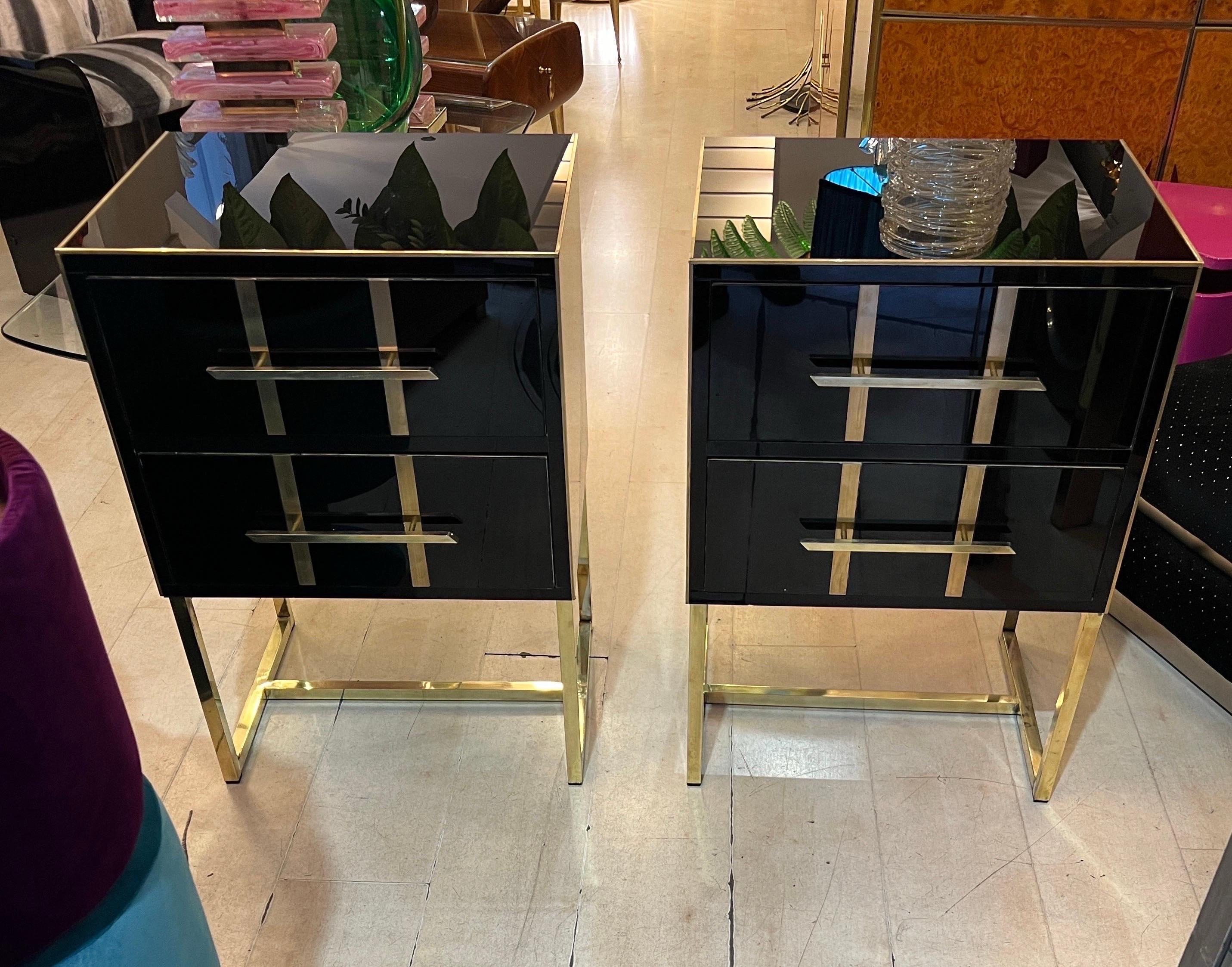 Italian Vintage Black Opaline Glass Nightstands, Brass Handles and Inlays, 1980 For Sale