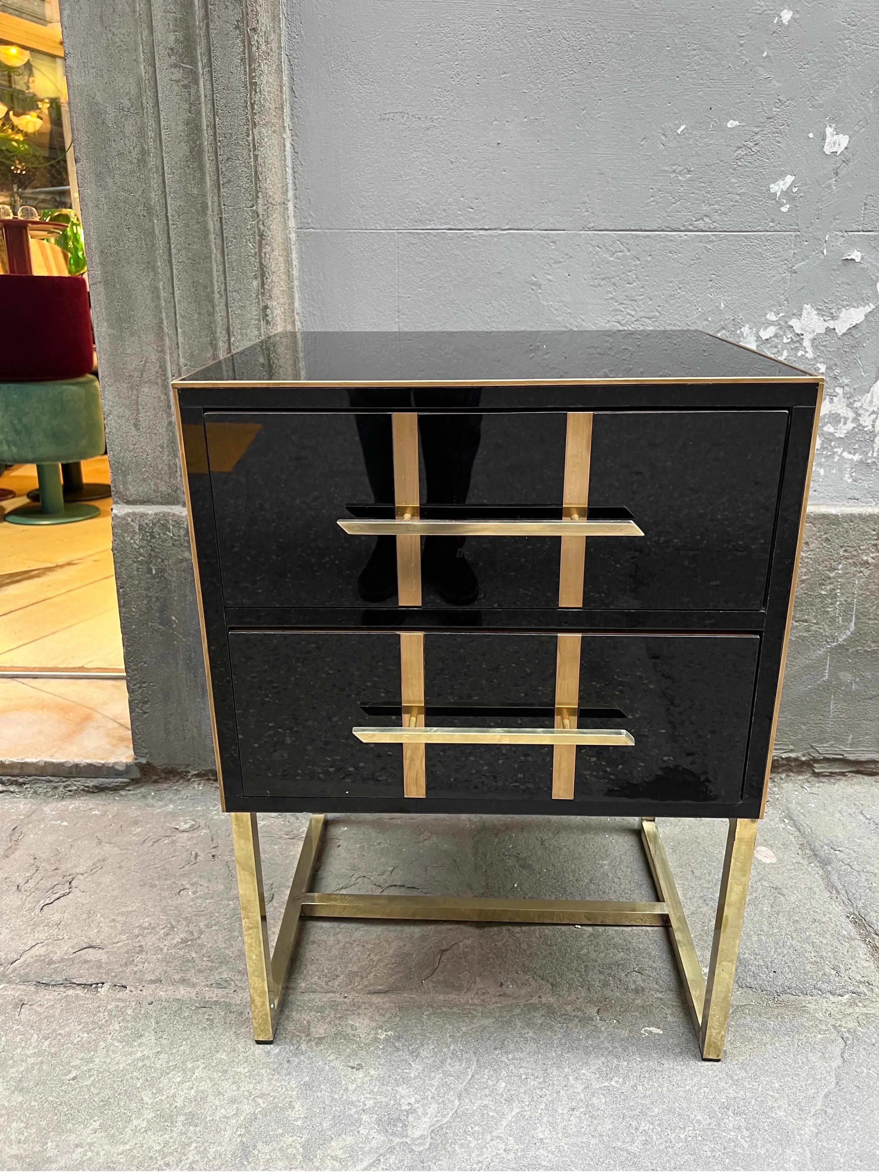 Vintage Black Opaline Glass Nightstands, Brass Handles and Inlays, 1980 In Good Condition For Sale In Florence, IT