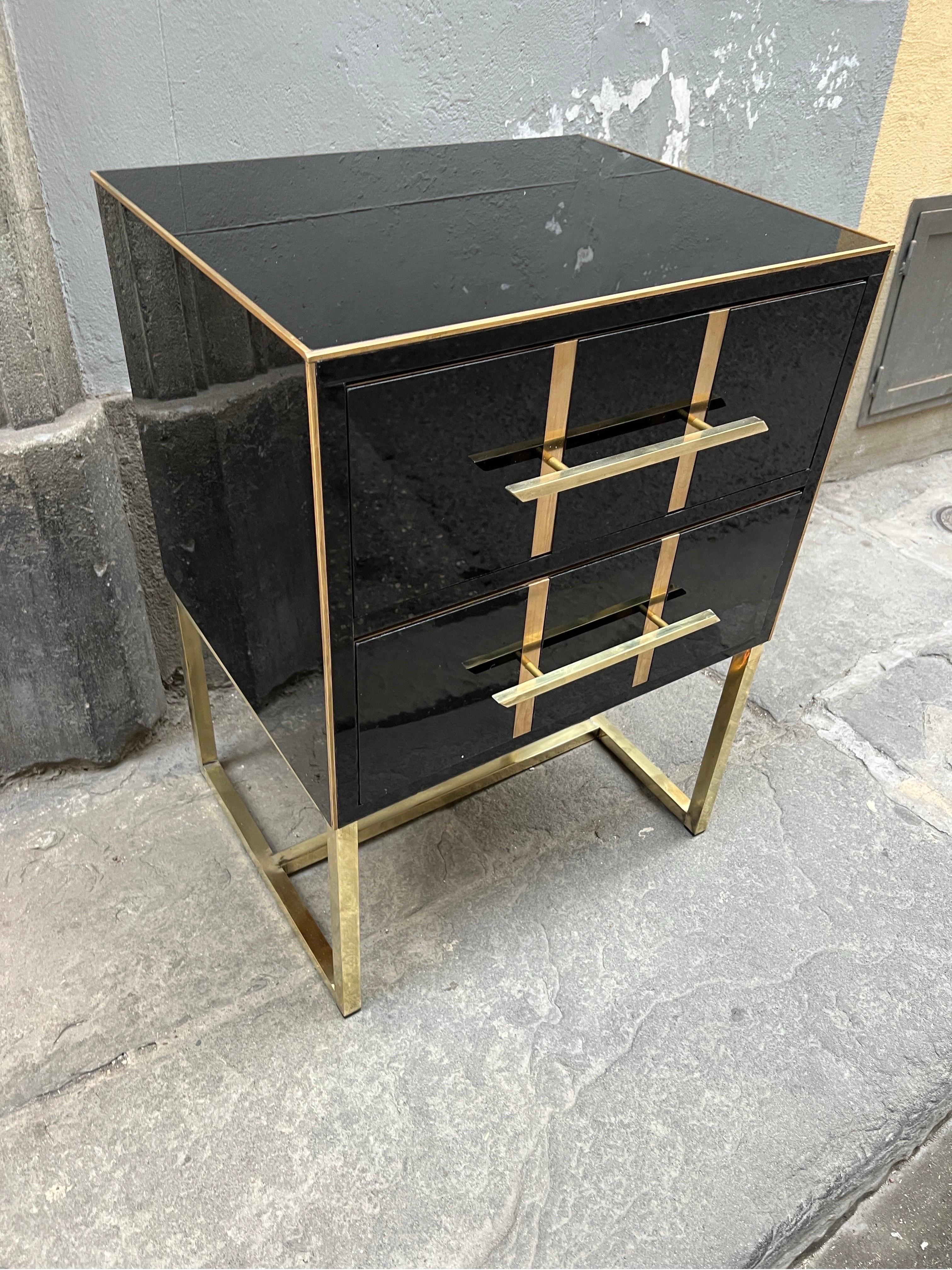 20th Century Vintage Black Opaline Glass Nightstands, Brass Handles and Inlays, 1980 For Sale