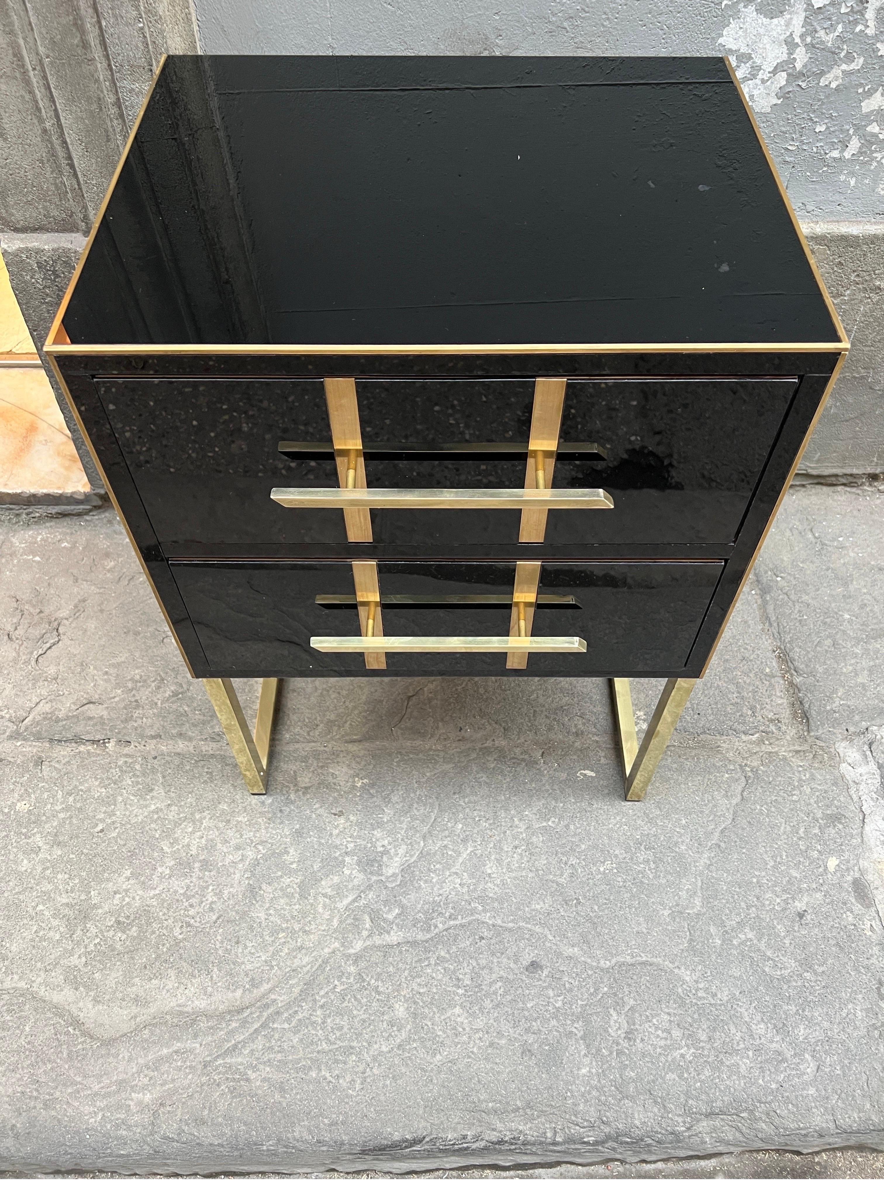 Vintage Black Opaline Glass Nightstands, Brass Handles and Inlays, 1980 For Sale 1