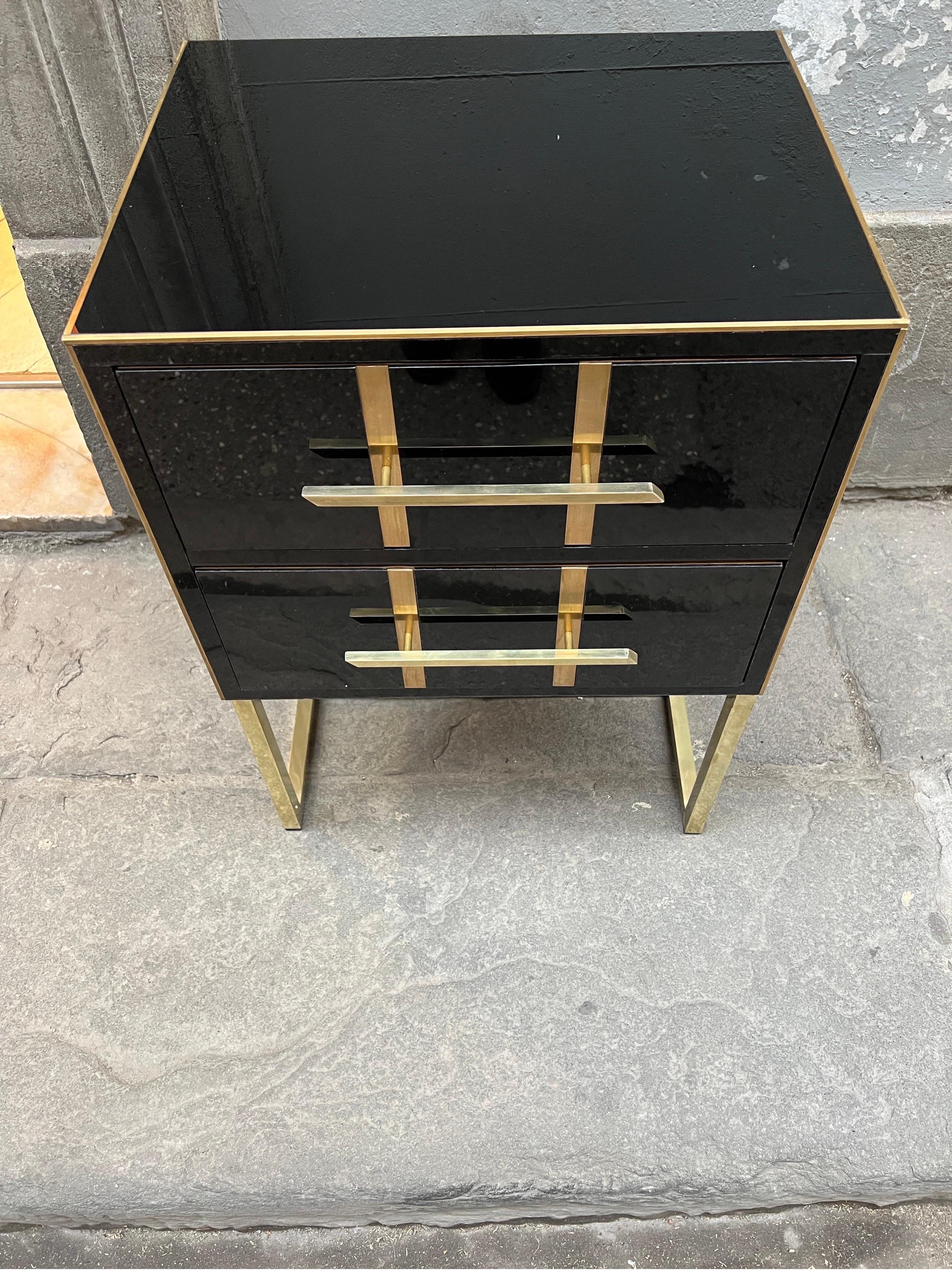 Vintage Black Opaline Glass Nightstands, Brass Handles and Inlays, 1980 For Sale 2