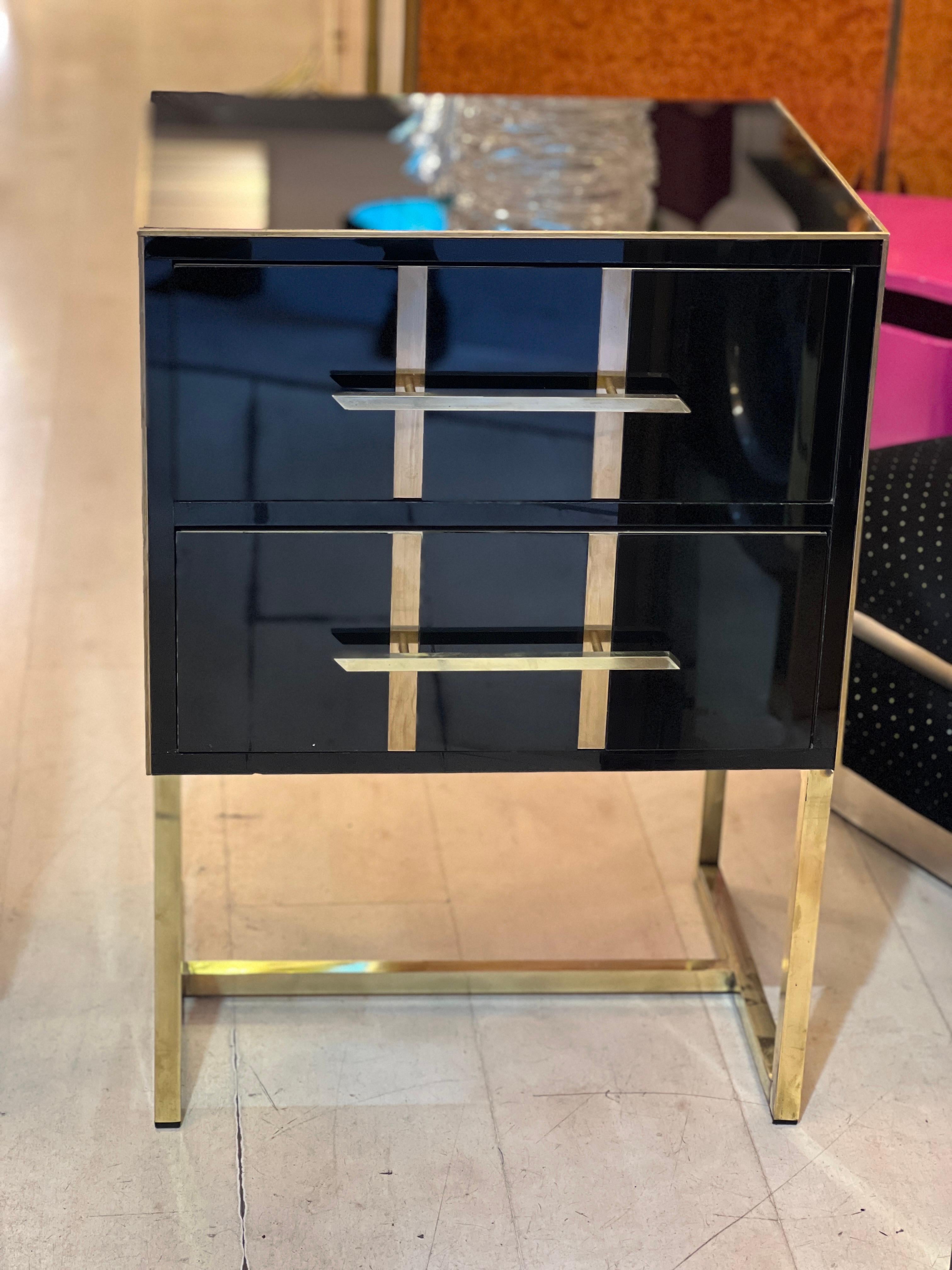 Vintage Black Opaline Glass Nightstands, Brass Handles and Inlays, 1980 For Sale 3