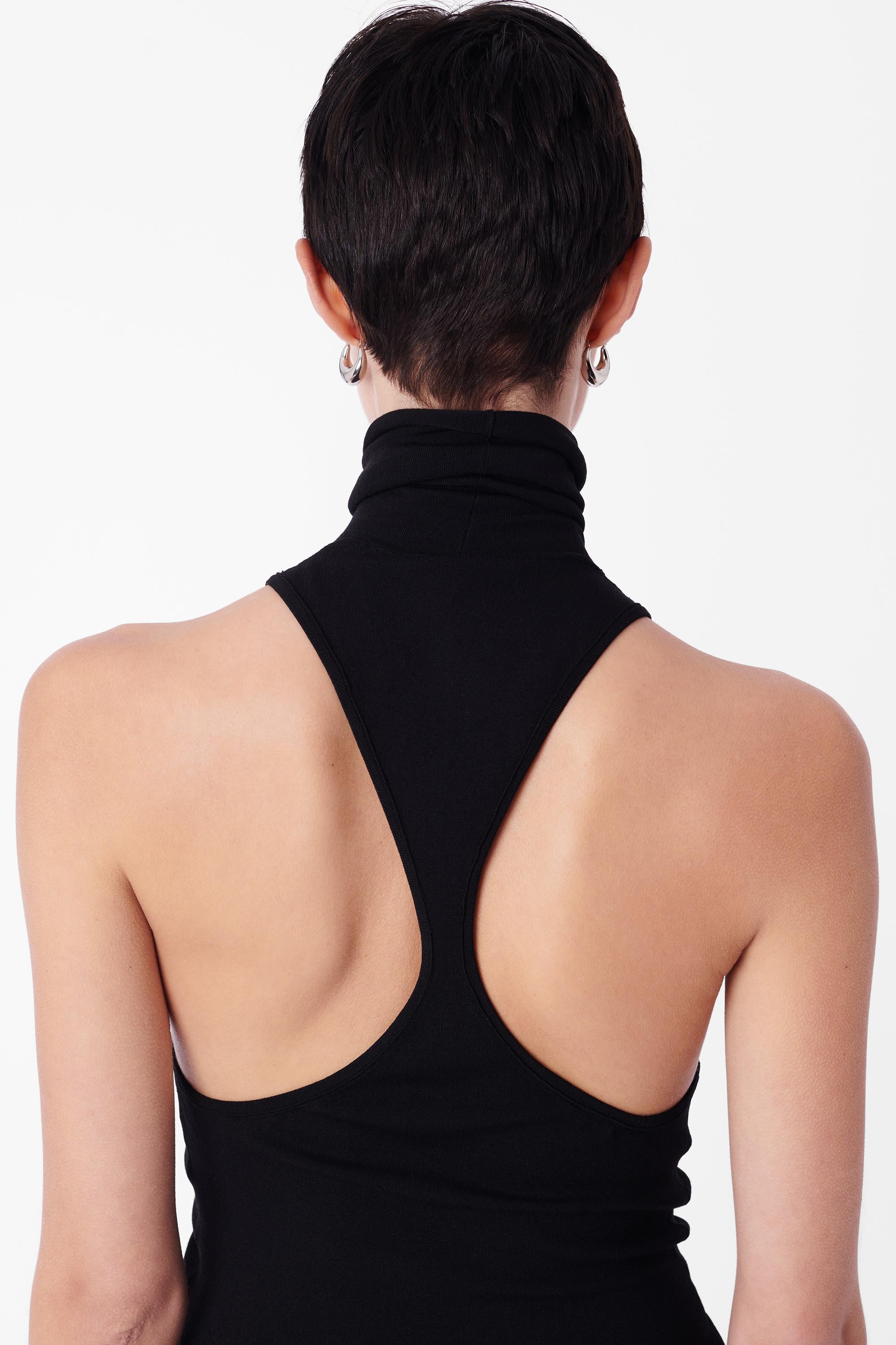 Women's Vintage Black Open Back Sleeveless Silk Turtleneck
