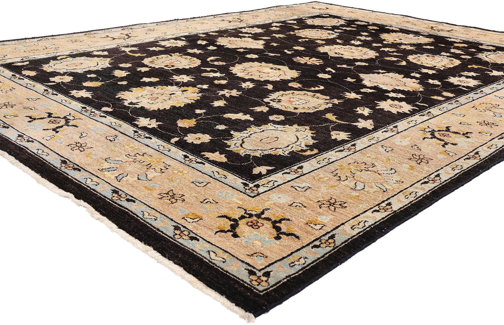 79276 Vintage Black Oushak Rug, 08'00 x 10'11. Dieser handgeknüpfte schwarze Oushak-Teppich aus Wolle im Vintage-Stil aus Pakistan zieht mit seinem tiefen, obsidianfarbenen Feld die Blicke auf sich und strahlt eine Aura von zurückhaltender Opulenz