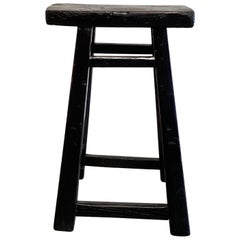 Vintage Black Painted Elm Wood Stool