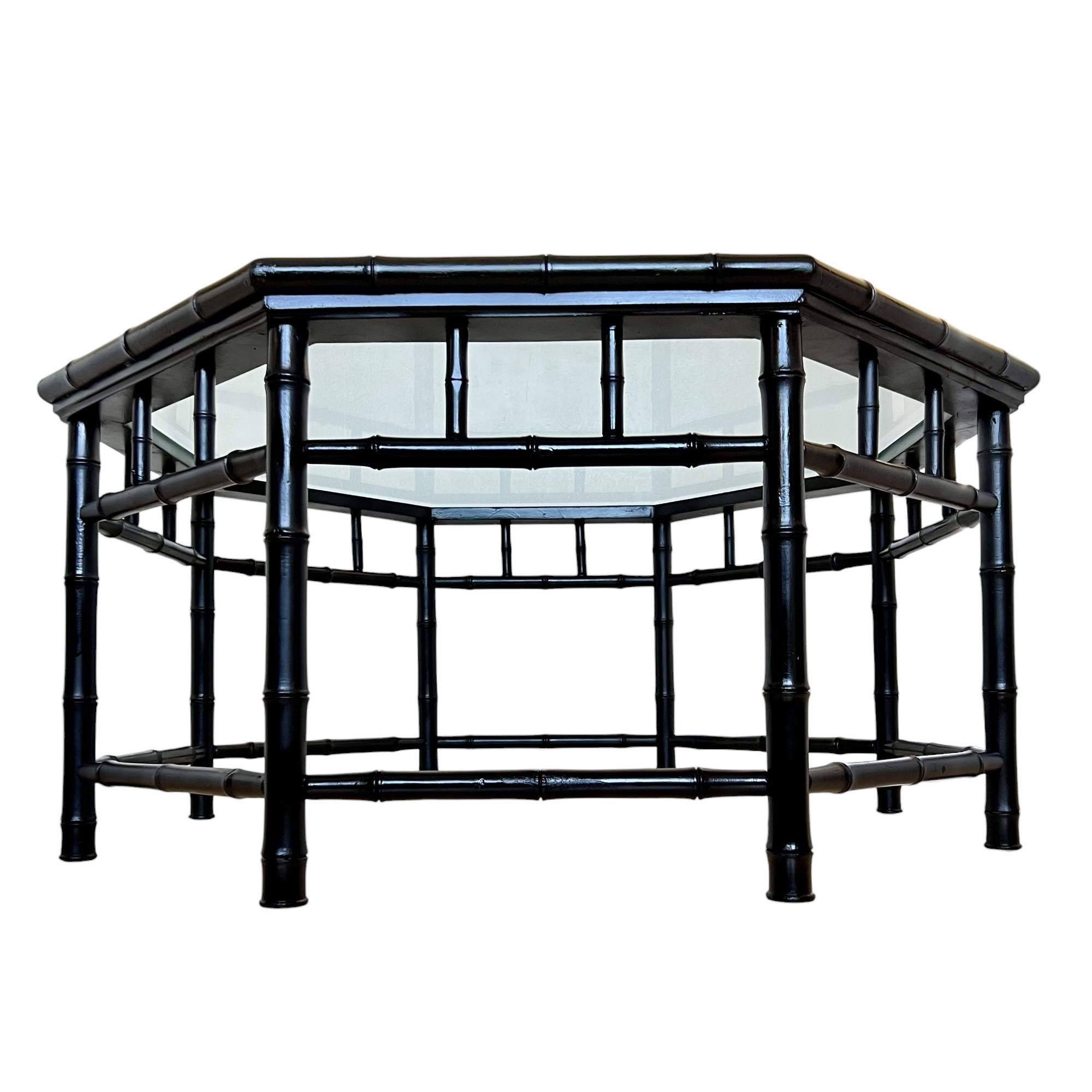 Hollywood Regency Vintage Black Painted Faux Bamboo Octagon Coffee Table