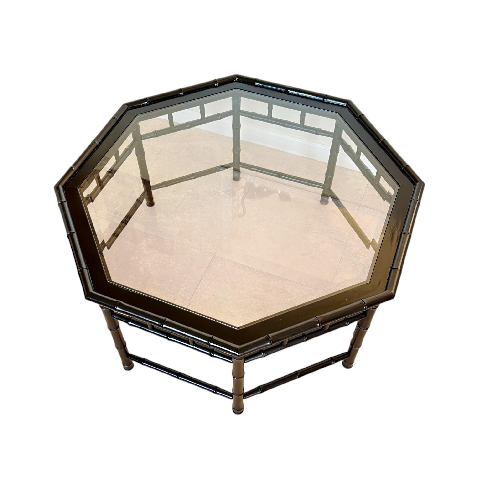 Beveled Vintage Black Painted Faux Bamboo Octagon Coffee Table