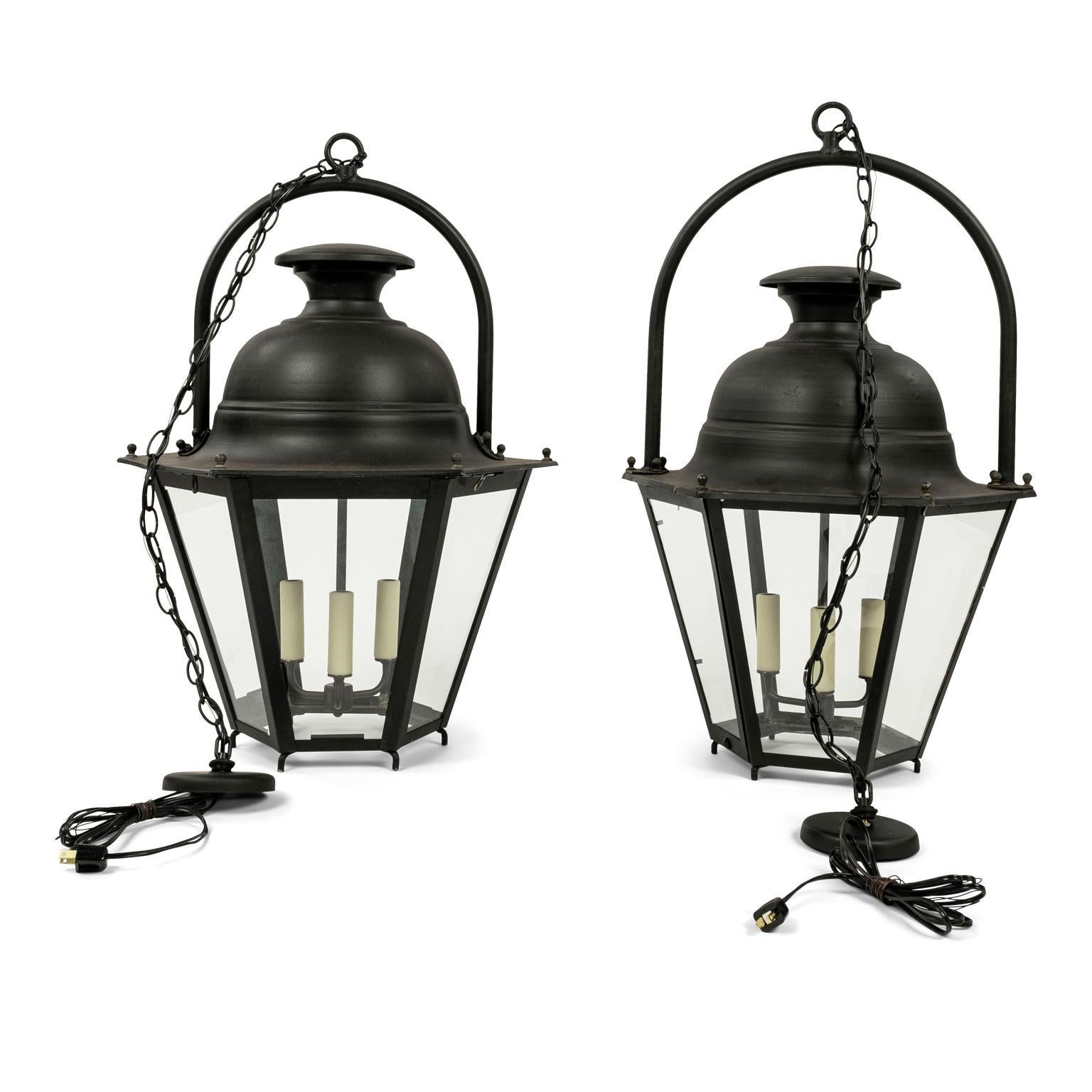 Vintage black-painted hexagonal street lantern from the South of France. Newly wired for use within the USA using UL listed parts. Includes chain and canopy (listed height does not include chain). Five available and sold individually at $4,800