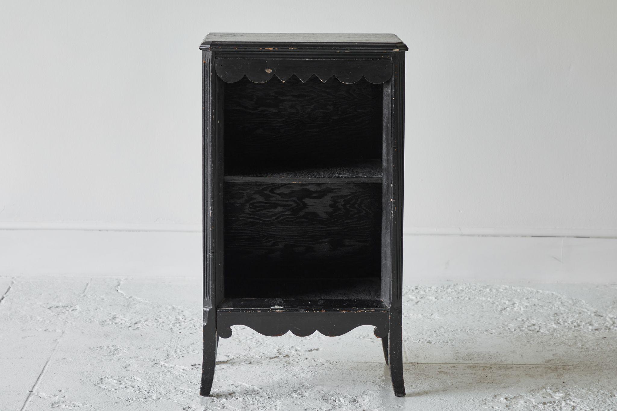 Vintage Black Painted Nightstand with Shelf and scalloped details.