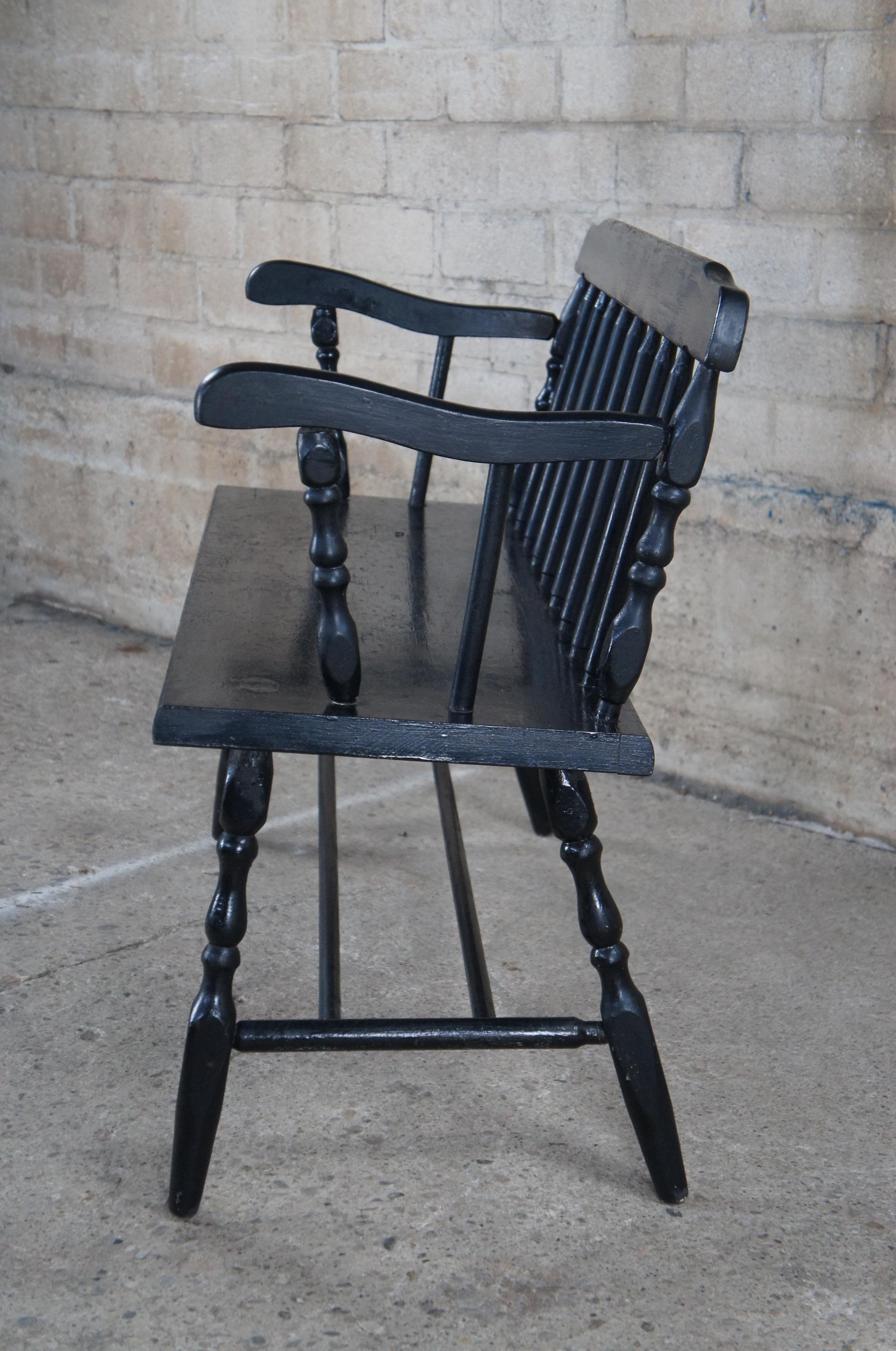 Vintage Black Painted Windsor Spindle Back Country Farmhouse Deacon Bench 40
