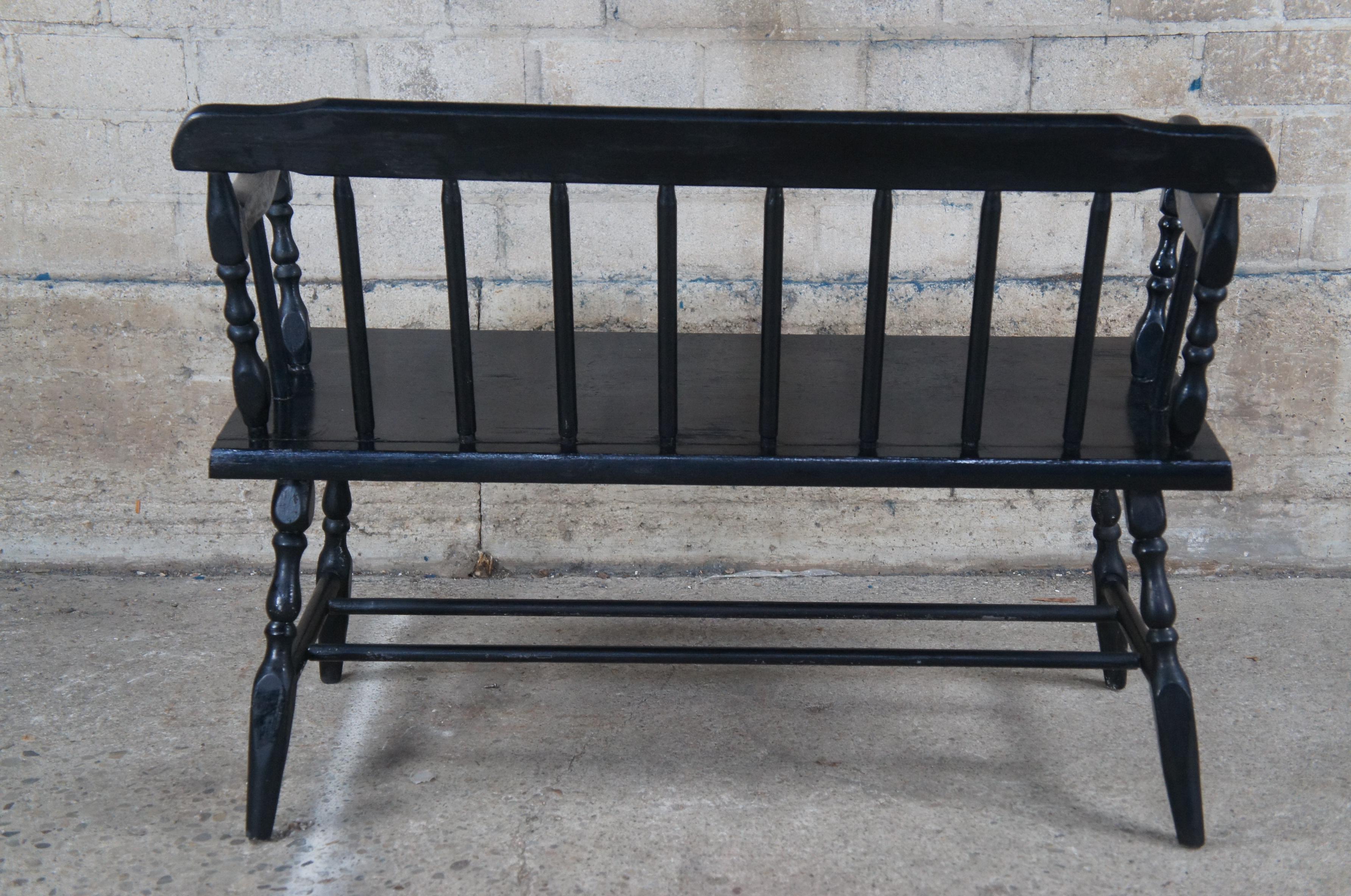 20th Century Vintage Black Painted Windsor Spindle Back Country Farmhouse Deacon Bench 40
