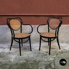 Vintage Black Painted Wood and Vienna Straw Thonet Chairs, 1950s