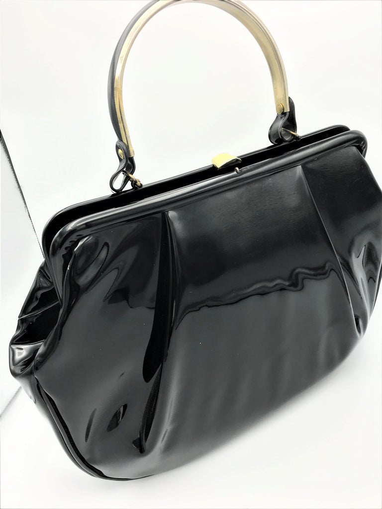 Vintage black patent leather bag with handle 1970 USA