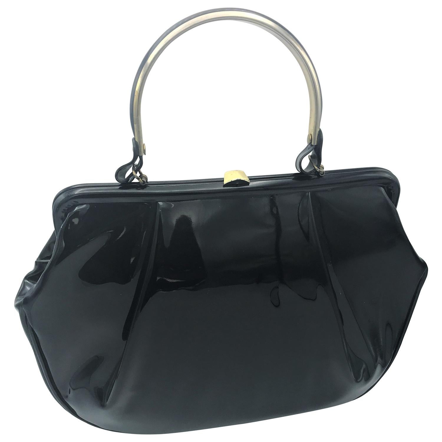 Schwarze Vintage-Lackledertasche mit Griff, 1970, USA