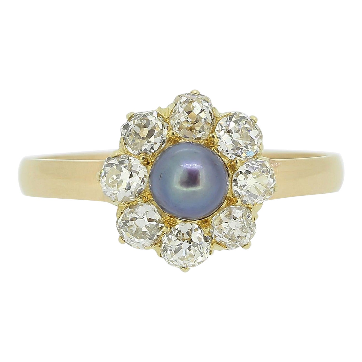 Vintage Black Pearl and Diamond Cluster Ring