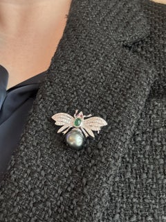 Vintage Black Pearl Emerald Diamond & Ruby Bee Brooch