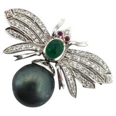 Vintage Black Pearl Emerald Diamond & Ruby Bee Brooch