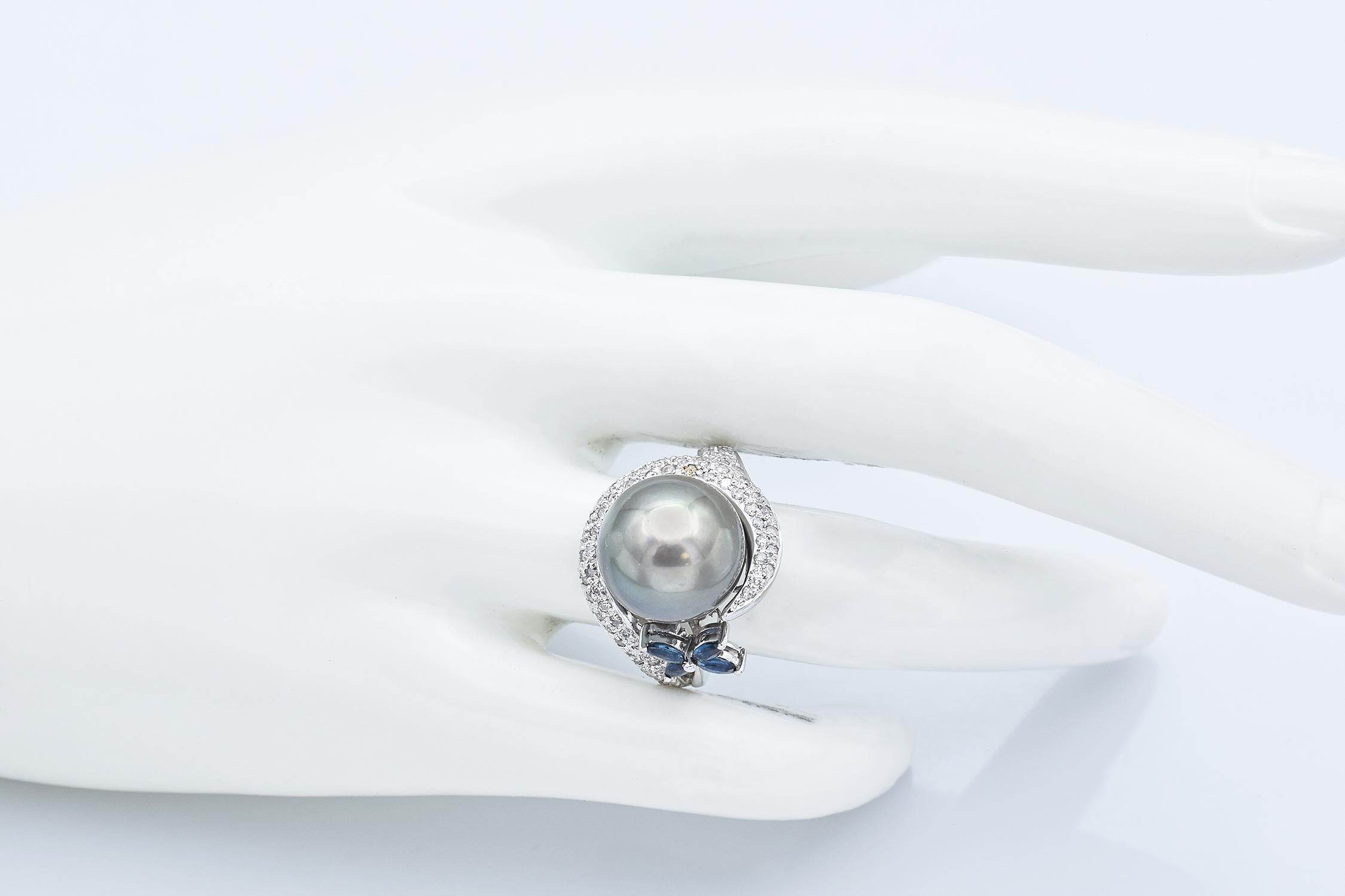 Women's Estate Black Pearl, Sapphire & 0.67 TCW Diamond White Gold Cocktail Ring Size 7