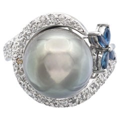 Estate Black Pearl, Sapphire & 0.67 TCW Diamond White Gold Cocktail Ring Size 7