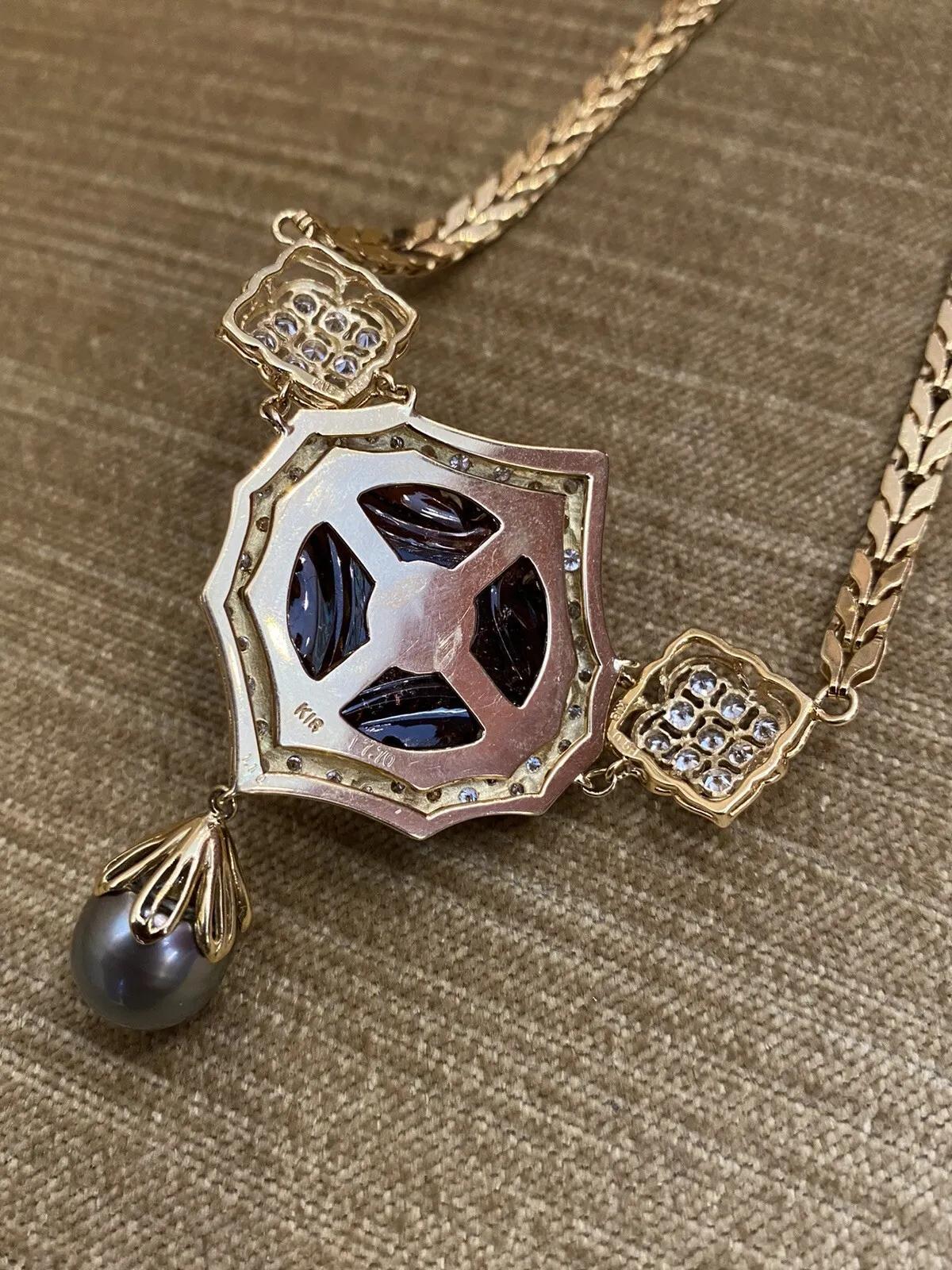 Vintage Black Pearls, Tourmaline and Diamond Necklace in 18k Yellow Gold In Excellent Condition For Sale In La Jolla, CA