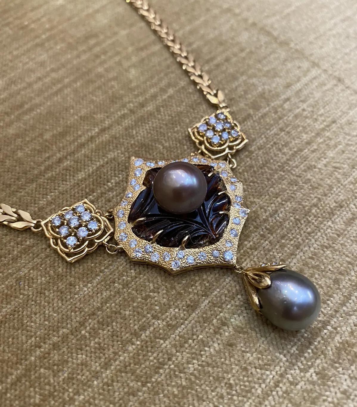 Women's Vintage Black Pearls, Tourmaline and Diamond Necklace in 18k Yellow Gold For Sale