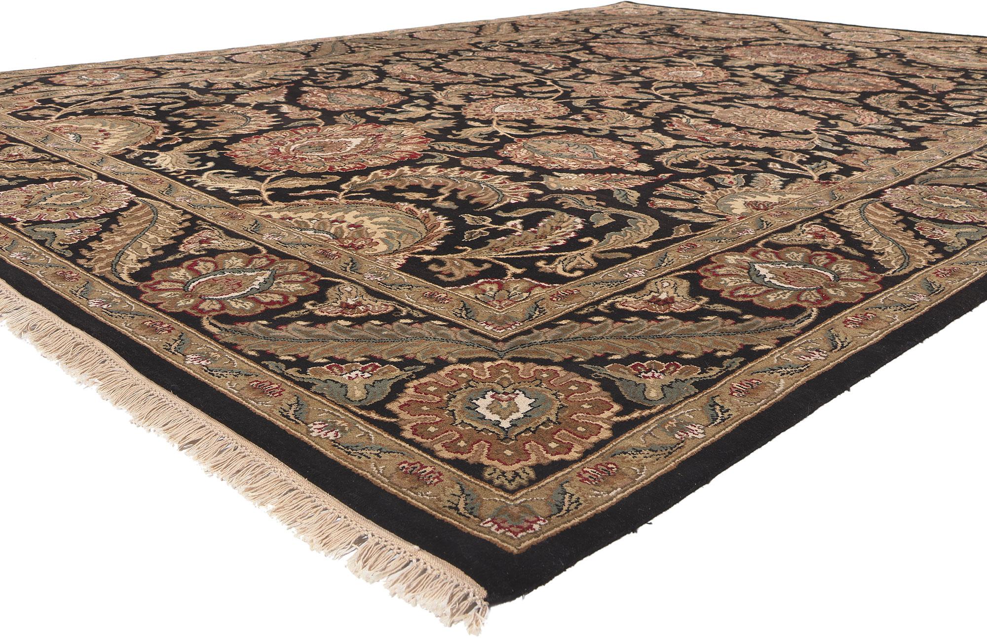 78678 Earth-Tone Vintage Indian Rug, 09'01 x 12'02. Indian rugs with Shah Abbasi designs are hand-knotted carpets featuring intricate floral motifs inspired by the Persian Shah Abbasi period, typically crafted in earth-tone colors and