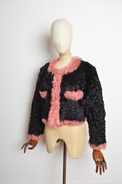 Vintage Black & Pink Shearling cropped Winter Fur Coat - Bouclé Jacket