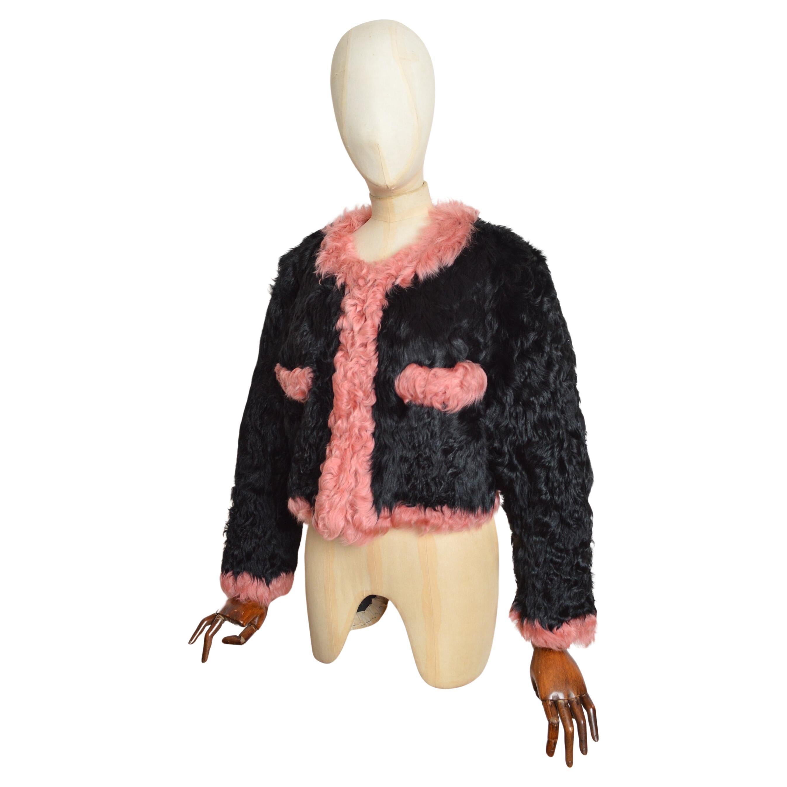 Vintage Schwarz & Rosa Shearling beschnitten Winter Pelzmantel - Bouclé Jacke