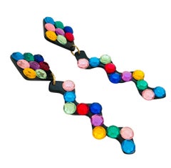 Vintage black plastic colorful rhinestones modernist geometric dangle earrings