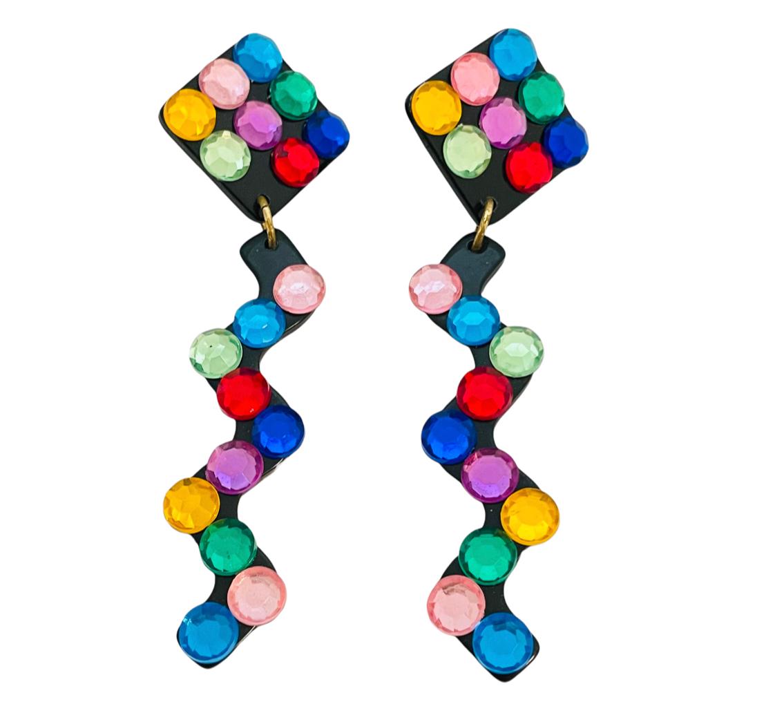 Women's Vintage black plastic colorful rhinestones modernist geometric dangle earrings For Sale