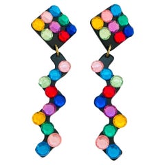 Vintage black plastic colorful rhinestones modernist geometric dangle earrings