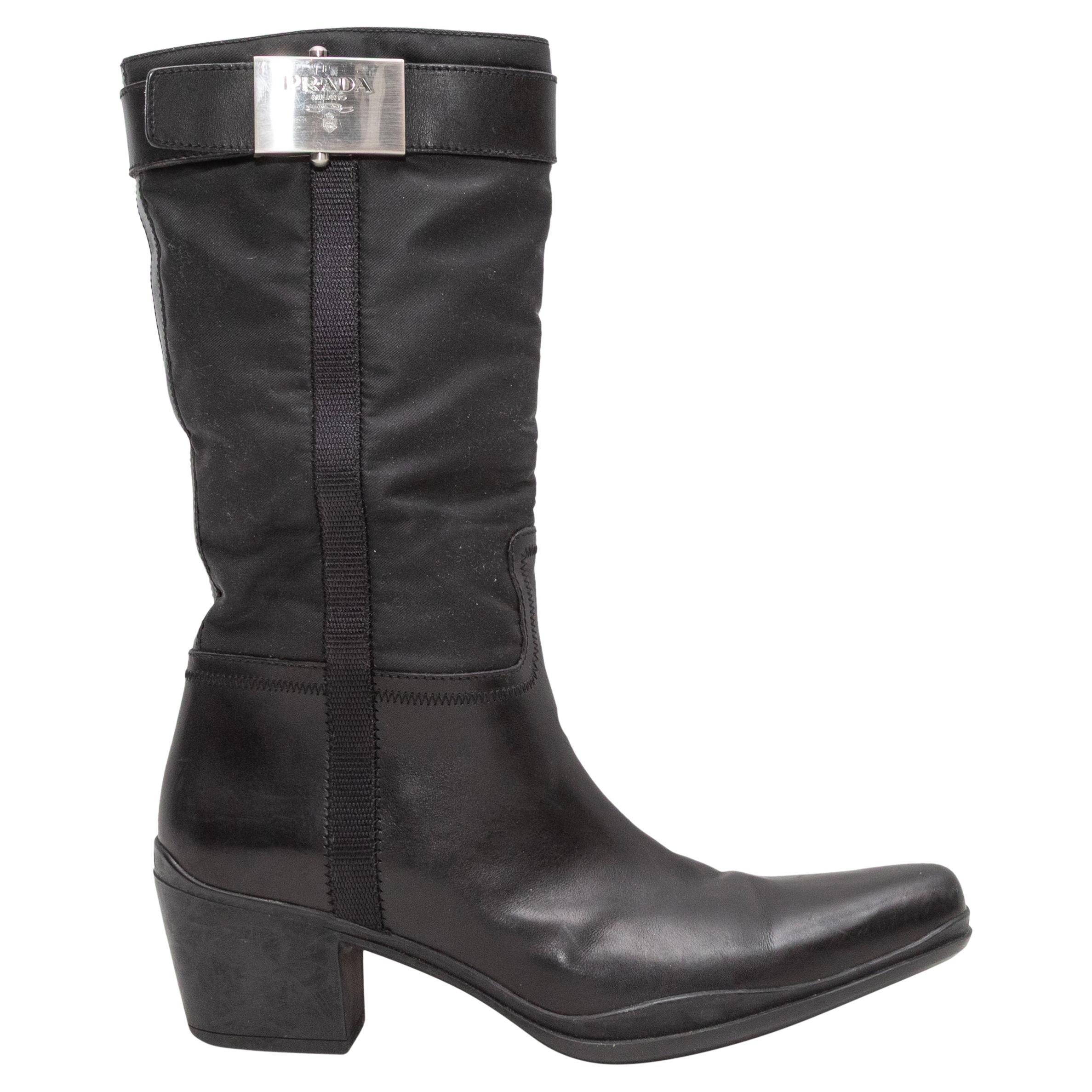 Vintage Black Prada 90s Leather & Nylon Western Boots Size 37.5 For Sale