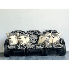 Vintage Black Rattan Sofa In Quadrille “Royal Journey”