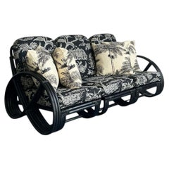 Vintage Black Rattan Sofa In Quadrille “Royal Journey”